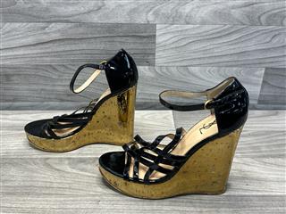 Yves Saint Laurent Black Patent Leather Gold Wedges, Size 42 (US 11)